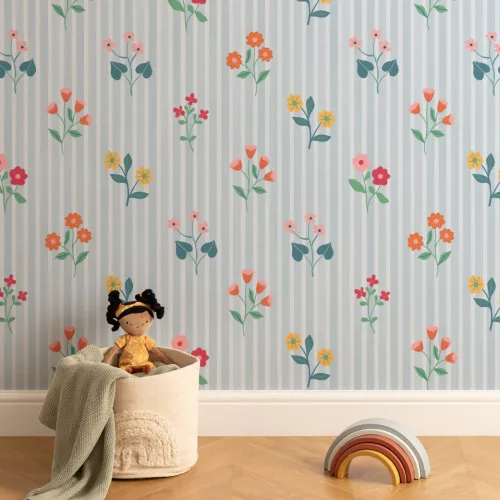 Pastel Floral Bunches Blue Striped Wallpaper