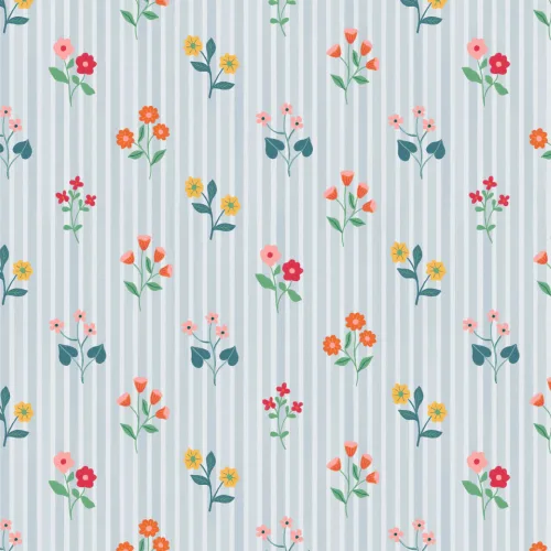 Pastel Floral Bunches Blue Striped Wallpaper
