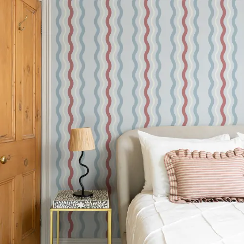 Blue & Red Wavy Ric Rac Striped Wallpaper