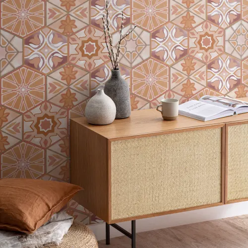 Papel Pintado Naranja con Estampado de Azulejos Hexagonales