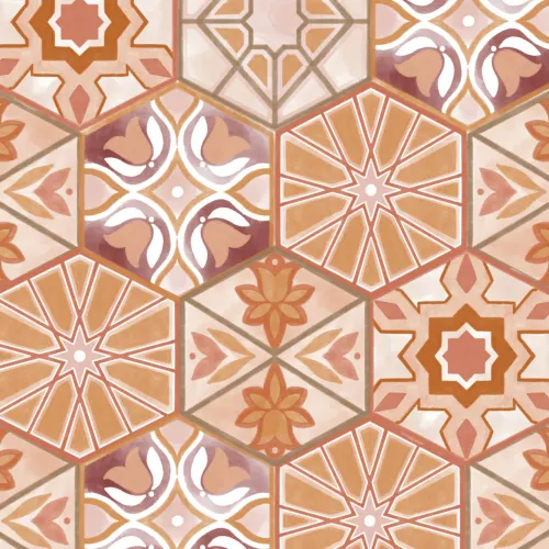 Papel Pintado Naranja con Estampado de Azulejos Hexagonales