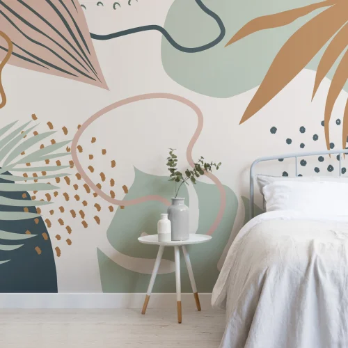 Green & Pink Abstract Tropical Leaf Collage Wallpaper Mural