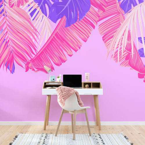 Bright Pink & Purple Tropical Leaves Wallpaper Mural