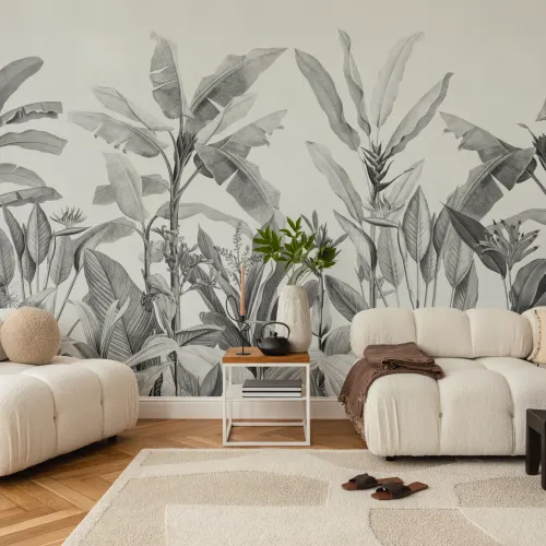 Papier Peint Vintage Gris avec Feuilles Tropicales
