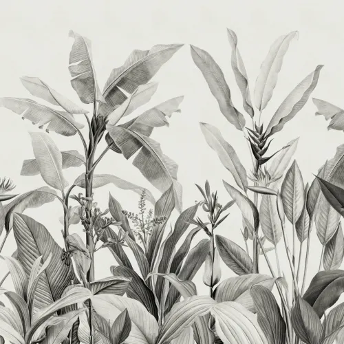 Papier Peint Vintage Gris avec Feuilles Tropicales