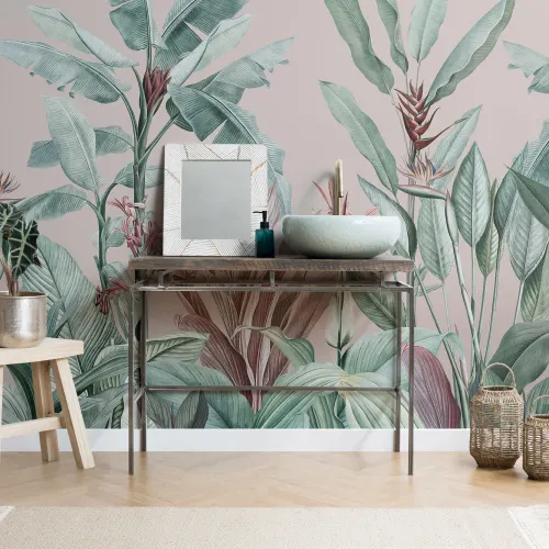 Pastel Pink & Green Vintage Tropical Wallpaper Mural