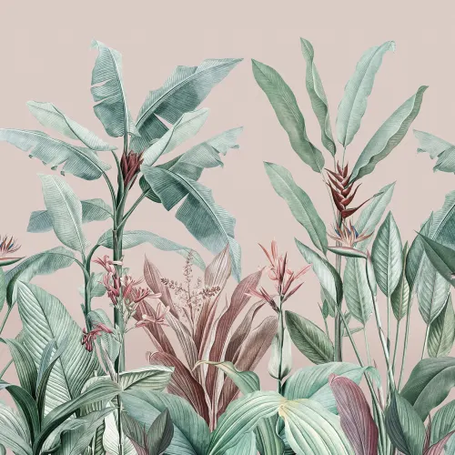 Pastel Pink & Green Vintage Tropical Wallpaper Mural