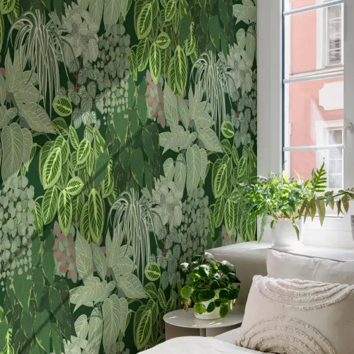 Papier Peint Feuillage Vert avec Jardin Vertical à Motifs de Plantes d’Intérieur