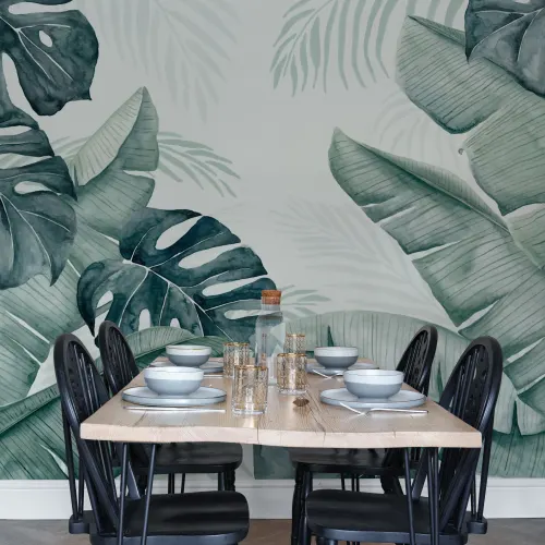 Papier Peint Panoramique Vert avec Feuilles Tropicales à l’Aquarelle Effet 3D