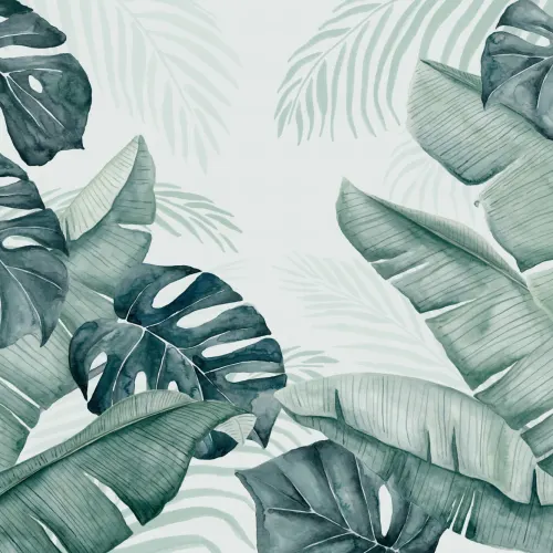 Papier Peint Panoramique Vert avec Feuilles Tropicales à l’Aquarelle Effet 3D