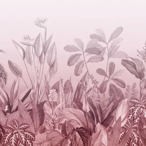 Carta da Parati Rosa Effetto Sfumato con Piante Tropicali