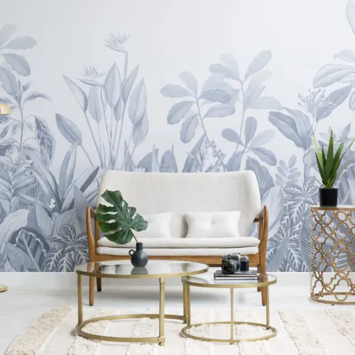 Papier Peint Panoramique Bleu Effet Dégradé avec Plantes Tropicales