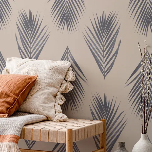 Blue and Cream Palm Leaf Repeat Pattern Wallpaper