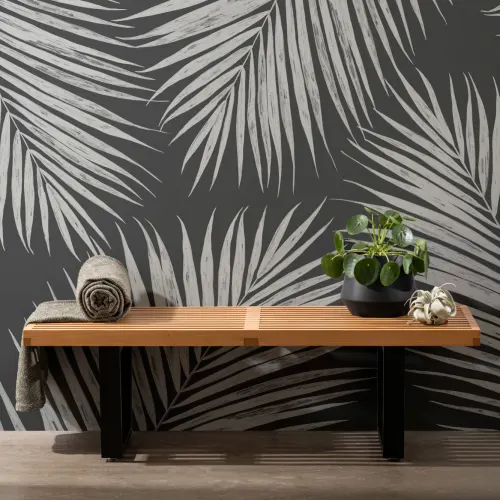 Black and White Illustrated Tropical Palm Leaf Wallpaper Mural