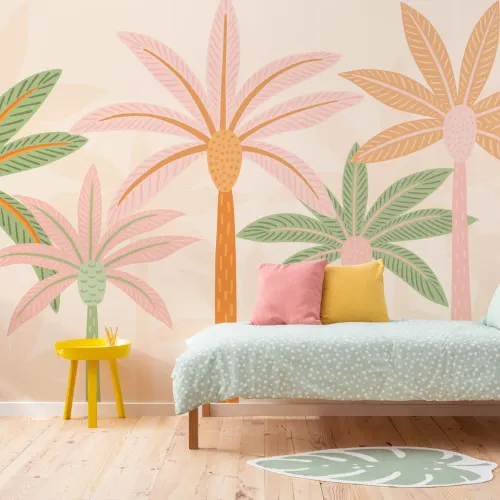 Kleurrijk Beeldverhaal Palm Bomen Boho Behang Muurschildering
