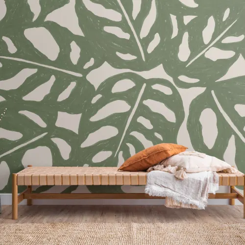 Panoramique feuilles de monstera en vert et beige