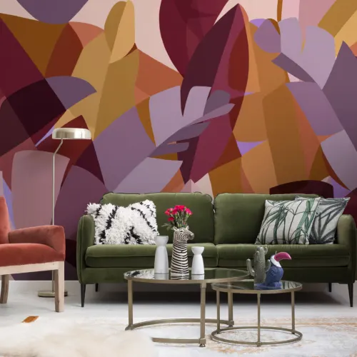 Pink Cubism Style Tropical Leaves Wallpaper Mural