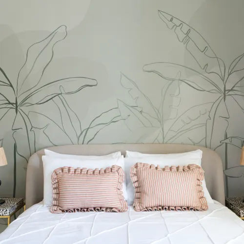 Green Tropical Wall Mural with Inky Banana Leaf Illustration