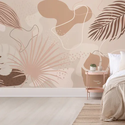 Mural de papel pintado abstracto con collage tropical en rosa y tonos neutros cálidos