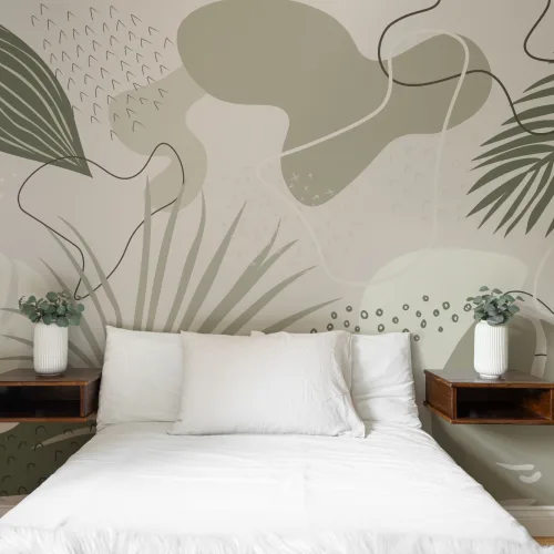 Mural de papel pintado abstracto con collage tropical en tonos verdes y beige