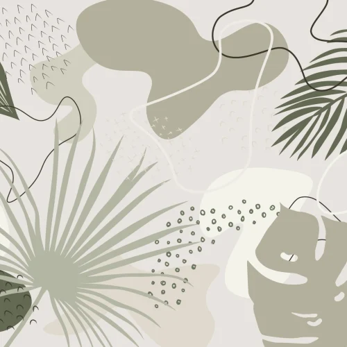 Mural de papel pintado abstracto con collage tropical en tonos verdes y beige