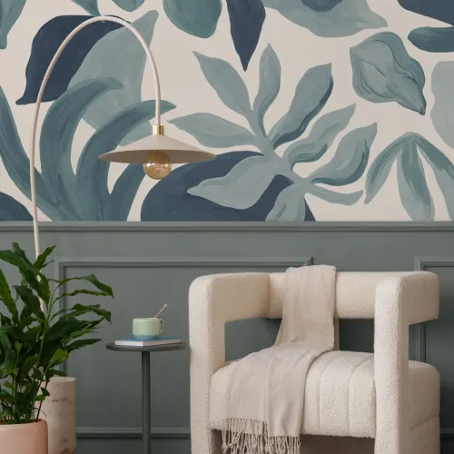 Blue Leafy Botanical Scandi Art Wall Mural