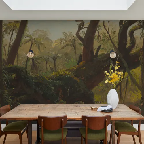 Papier peint panoramique peinture à l'huile représentant une jungle tropicale moussue