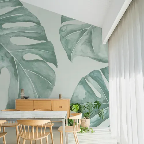 Green Watercolor Monstera Leaf Mural