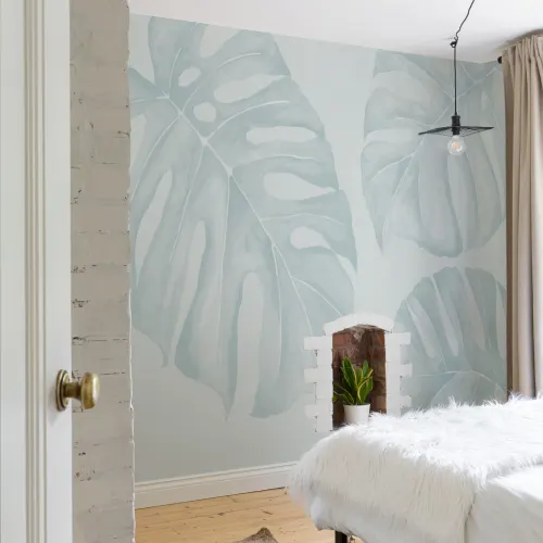 Blue Watercolor Monstera Leaf Mural