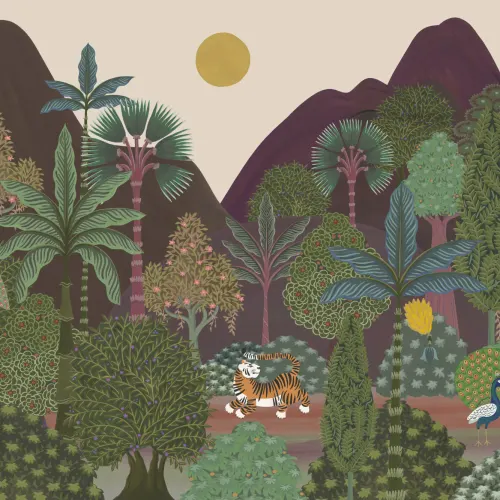 Flerfarvet fototapet med jungledyr i dagtimerne