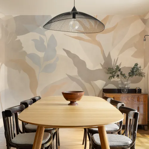 Papier peint panoramique beige Feuillage tropical abstrait