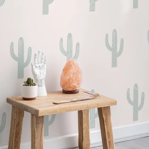 Carta da Parati Verde e Crema con Cactus Saguaro