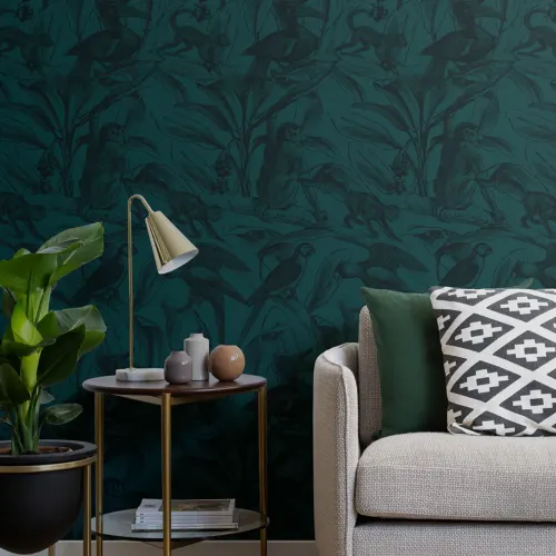 Blue Tropical Monkey & Bird Etching Wallpaper Mural