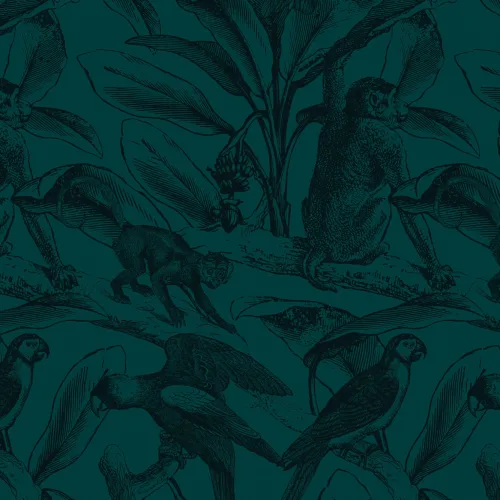 Blue Tropical Monkey & Bird Etching Wallpaper Mural