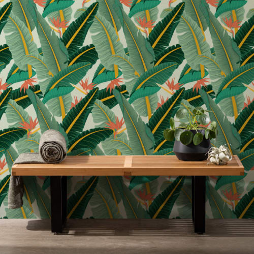 Papier Peint Panoramique Tropical à Motifs Feuilles de Bananier Vertes et Oiseaux de Paradis