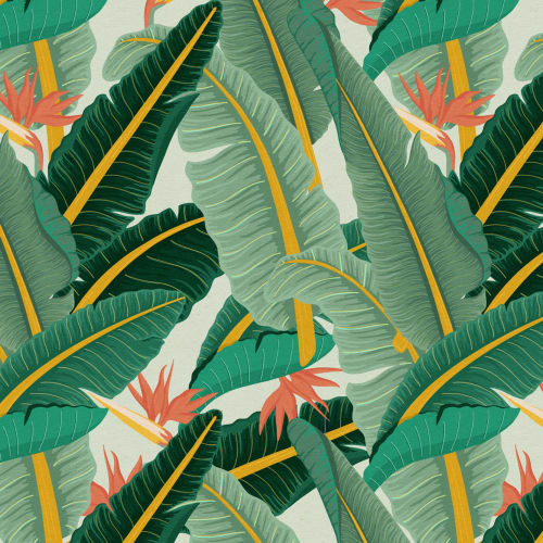 Papier Peint Panoramique Tropical à Motifs Feuilles de Bananier Vertes et Oiseaux de Paradis