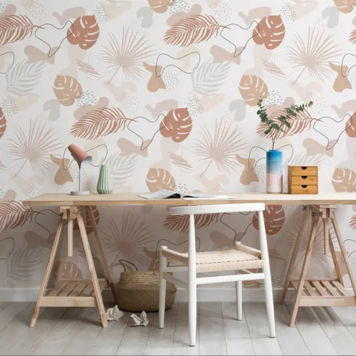 Neutral Colors Tropical Leaf Collage Pattern Wallpaper Mural