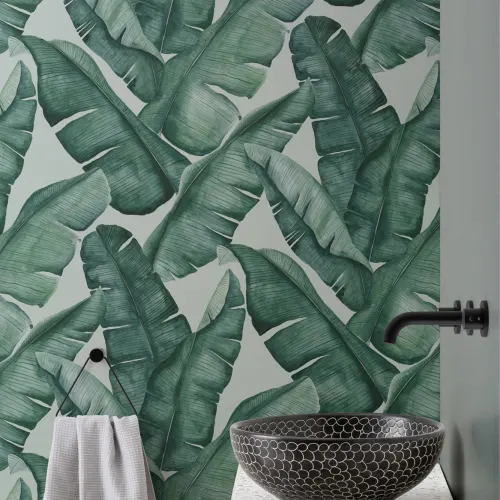 Papier Peint Vert à Motifs de Feuilles de Bananier à l’Aquarelle Effet 3D