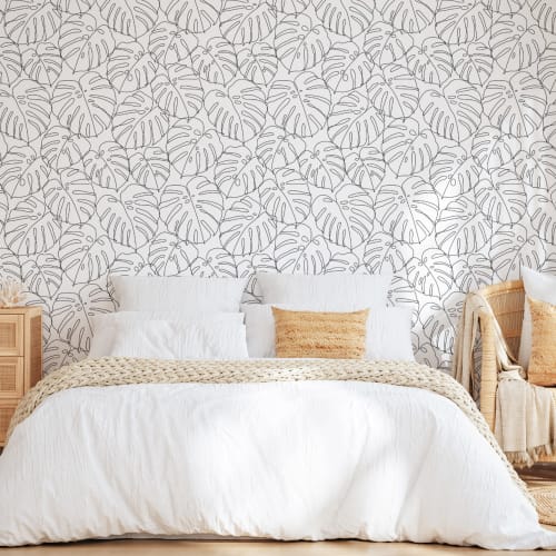 Black & White Minimal Monstera Leaf Repeat Pattern Wallpaper
