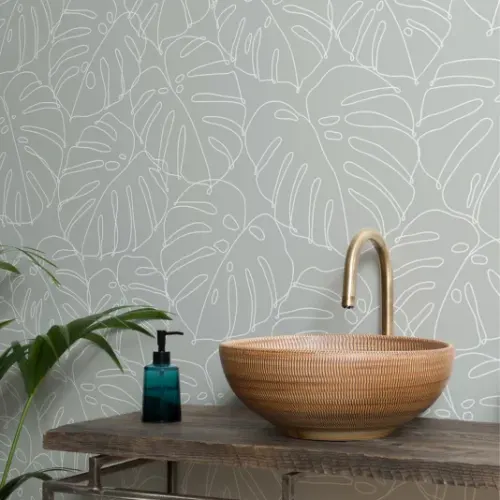 Green Monstera Leaf Line Drawing Repeat Pattern Wallpaper
