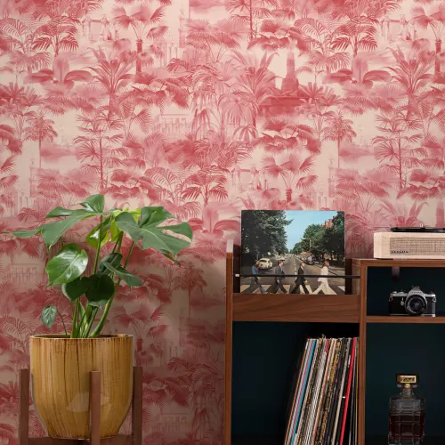 Red Vintage Tropical Jungle Wallpaper
