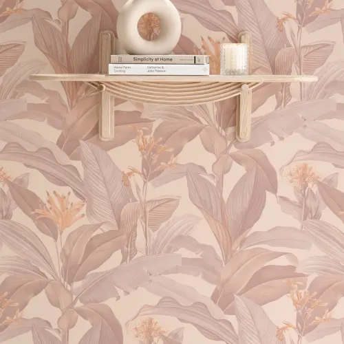 Papier peint botanique vintage Botanist Blush dans des tons floraux roses doux