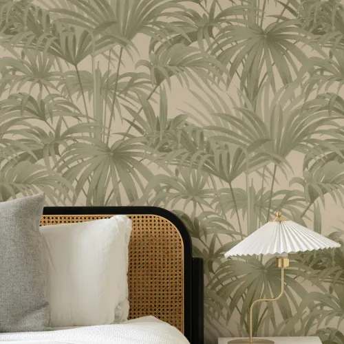 Papel de parede botânico Bower Brown Vintage Palm em tons verdes e neutros