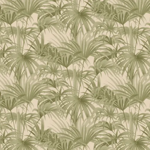 Papel de parede botânico Bower Brown Vintage Palm em tons verdes e neutros