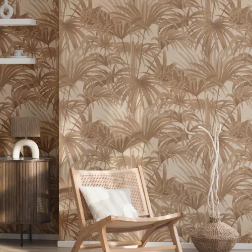 Tapet botanic Bower Brown Vintage Palm în tonuri calde de pământ