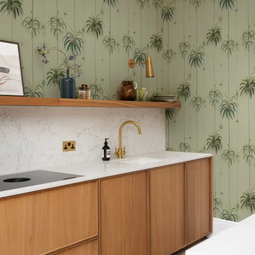 Sage Striped Tropical Palms Wallpaper