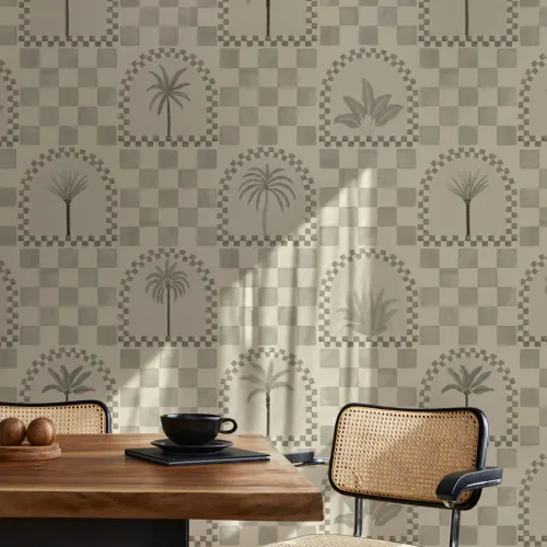 Neutral Mediterranean Palms Tile & Arch Mural