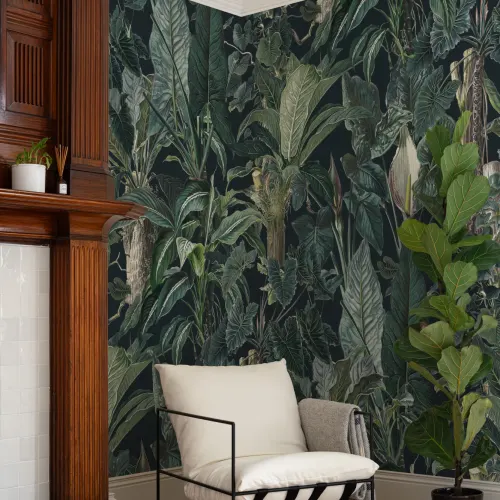 Dark Tropical Illustrated Leafy Plants Mural