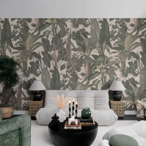 Classic Tropical Illustrated Leafy Plants Mural