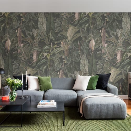 Papier peint panoramique vert tropical illustré Plantes à feuilles